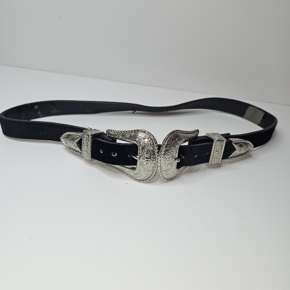 Zara Western Style Black Belt with Silver Double Buckles - Picture 1 of 16